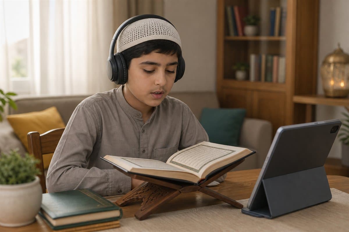 A student reading the Quran at home while her teacher listens live on screen